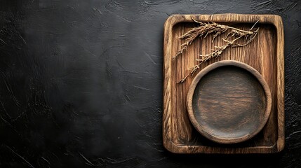 Fototapeta premium Rustic wooden plate and tray on dark background. Food presentation, restaurant menu.