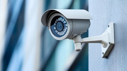 A high-angle shot of a modern white CCTV camera mounted on a gray concrete wall, blending into the urban environment with clean, sharp lines