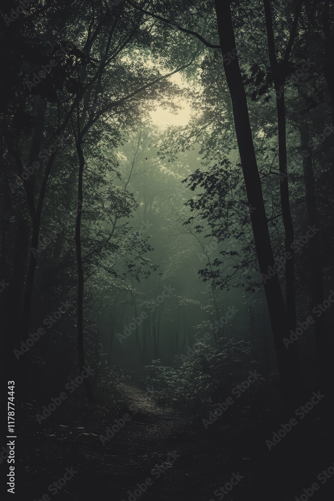 Poster enchanting forest path with sunlight streaming through lush green trees, creating a tranquil and mys
