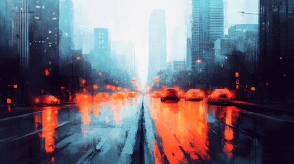 Fototapeta premium Rainy city traffic scene urban landscape digital art moody atmosphere high angle view