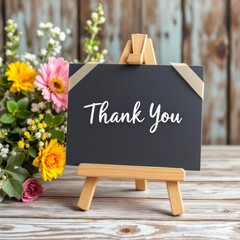 A heartfelt thank you note paired with vibrant flowers on a rustic wooden table, perfect for gratitude-themed designs, invitations, or social media posts.