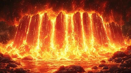 Fiery Inferno: A Surreal Lava Waterfall in a Hellish Landscape