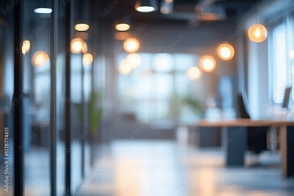 Poster abstract blurred office environment with warm lighting and modern design creating a calm and product