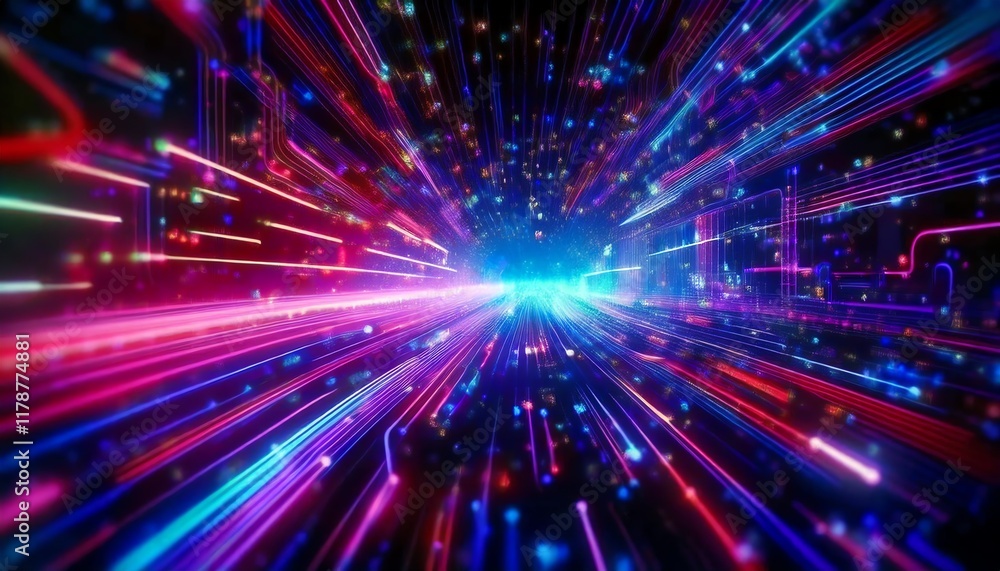 Poster a vibrant display of colorful light streaks converging towards a central point, creating a dynamic a