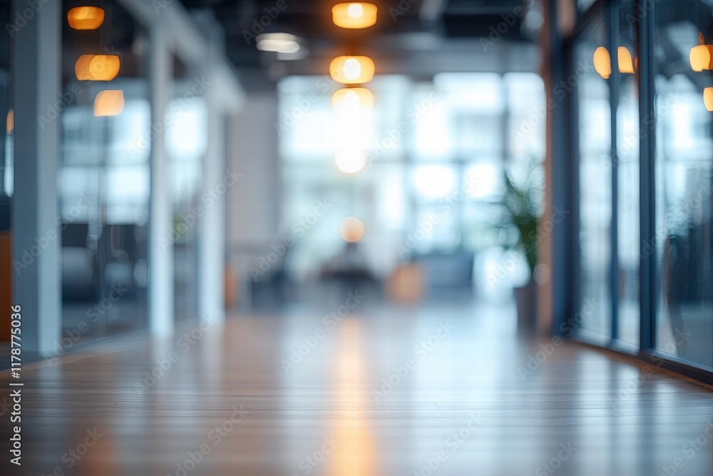 Poster blurred view of modern office corridor with bright hanging lights and soft natural light inviting tr
