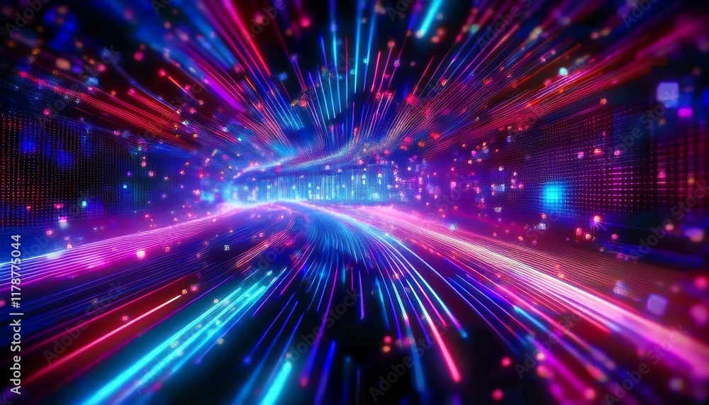 Poster a vibrant, abstract depiction of colorful light streaks and dots, creating a sense of motion and dep