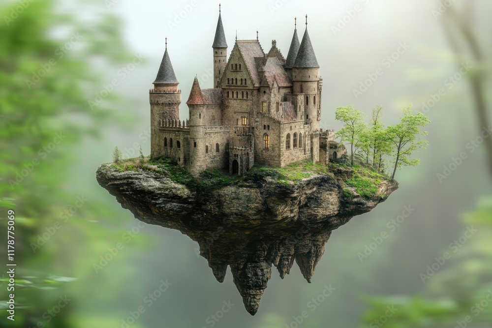 Aufkleber floating castle structure surrounded by fog with trees in a mystical environment