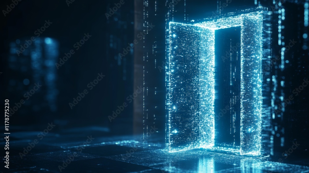 Poster explore a captivating digital doorway glowing in blue light, symbolizing the transition to a virtual