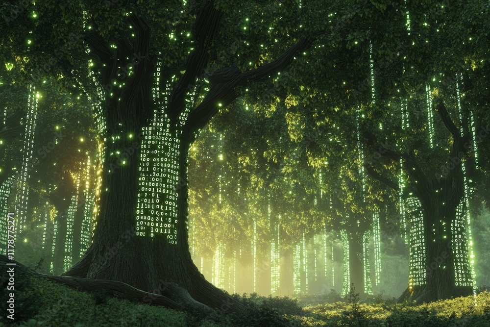Poster dreamlike scene of trees growing from a bin with glowing green light and binary code data in a fores