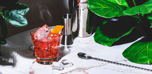 Embarcadero, an alcoholic cocktail drink with rye whiskey, gentian bitters, sweet vermouth and...