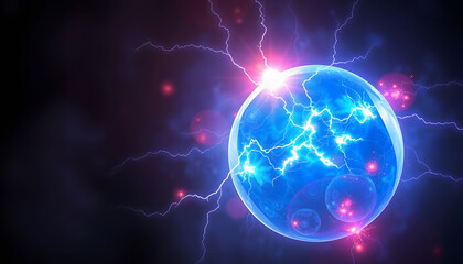 Obraz premium Magic sphere, energy ball with mystic glow, lightning and sparks. art. Color glowing orb with light effect, liquid plasma and fire. Fantasy shiny circle for game design, 8k, with white tones