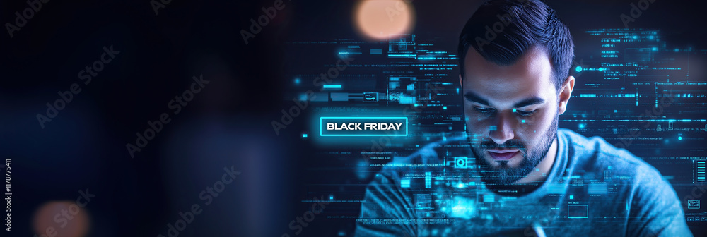 Poster software developer working with futuristic interface and 