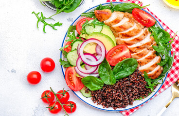 Harvard plate with chicken as protein, quinoa as carbohydrates, vegetable and arugula as fiber, avocado as healthy fats on white background, top view