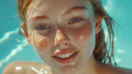 Mischievous fair-skinned woman smirking by the pool, glowing summer face, close-up
