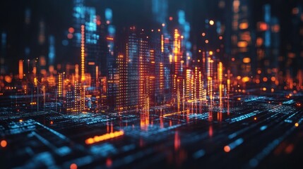 Fototapeta premium A futuristic digital cityscape with glowing structures and data streams.