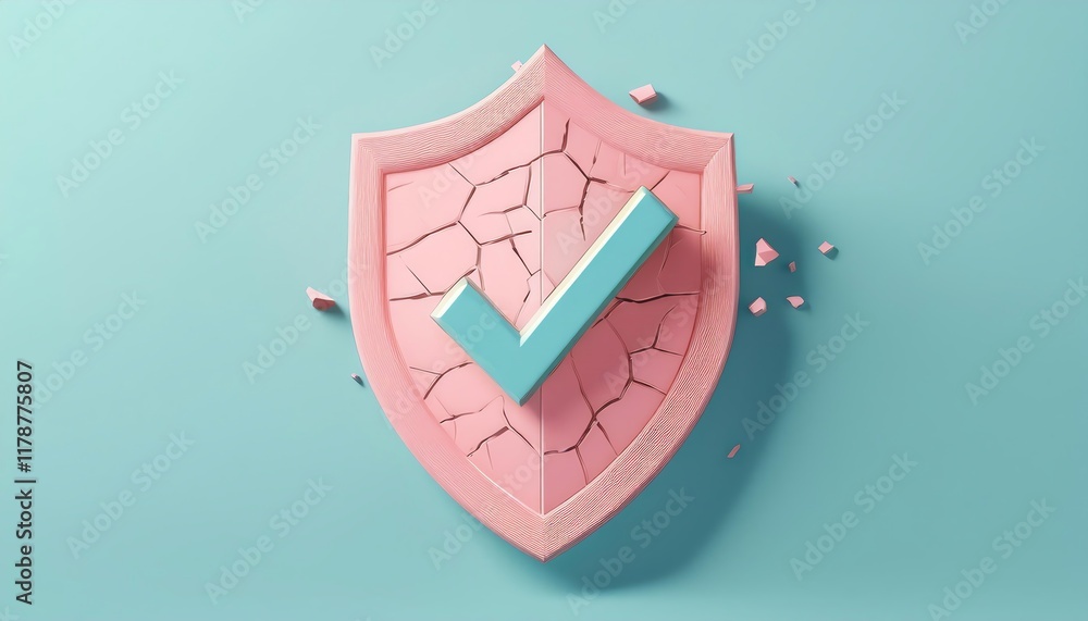 Poster a pink shield with a cracked surface and a blue check mark, symbolizing security and validation agai