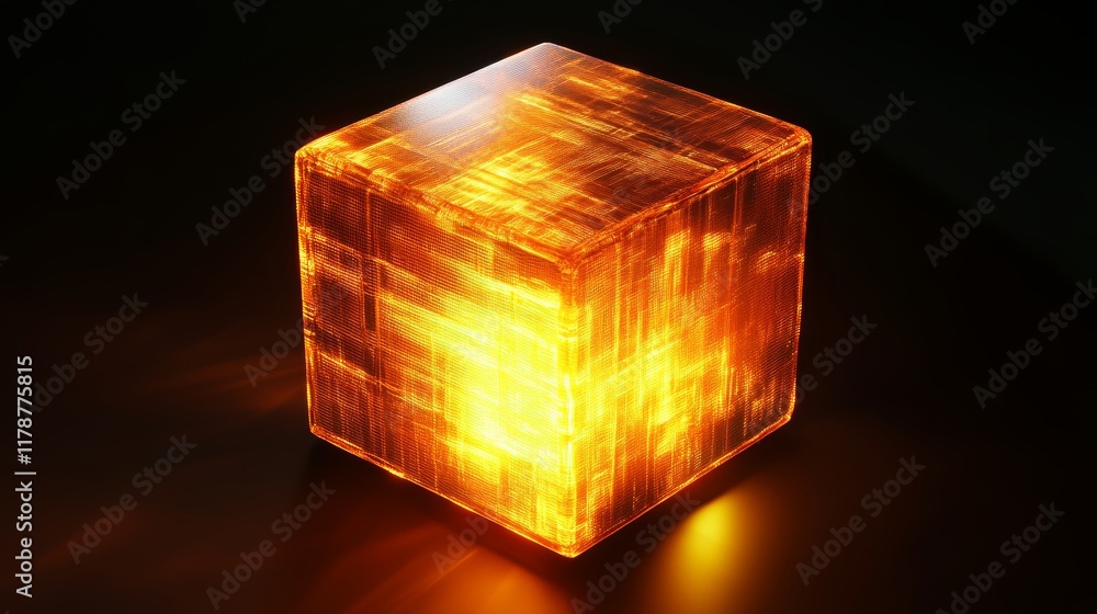 Poster glowing 3d cube representing data storage with illuminating effects on a dark background