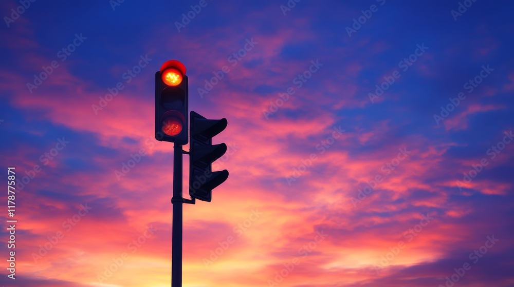 Aufkleber a low-angle shot of a traffic light against a vibrant sunset sky, with the light casting long shadow