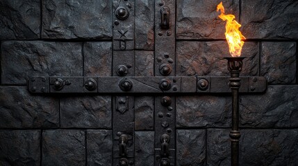 A dark stone wall features a locked door with metal fixtures and a flickering torch, creating a mysterious, medieval atmosphere.