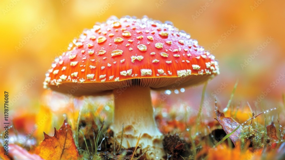 Poster a low-angle view of a mushroom surrounded by dew-laden grass, with soft morning light highlighting t