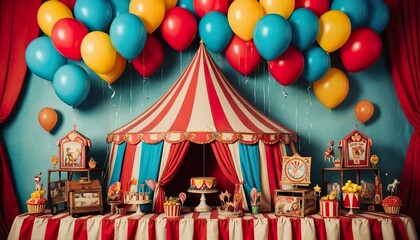 Festive circus-themed party setup with balloons, tent, and treats.