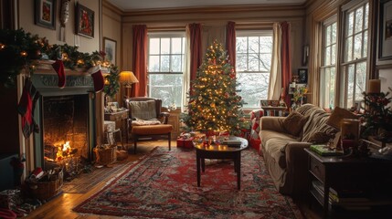 Cozy Christmas Living Room with Fireplace and Decorated Tree
