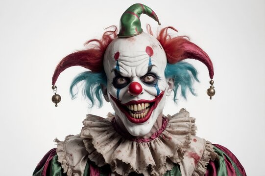 Close-up of a scary clown with a sinister smile, red and blue hair, and a pointed hat.