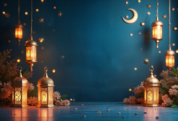Obraz premium Elegant Islamic Lanterns Under a Night Sky Background for Eid al Adha, Ramadan Kareem, Eid al Fitr, Islamic New Year, Generative AI
