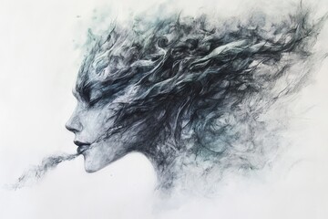 Woman with long, dark hair blowing smoke out of her mouth. The smoke represents the release of her inner thoughts