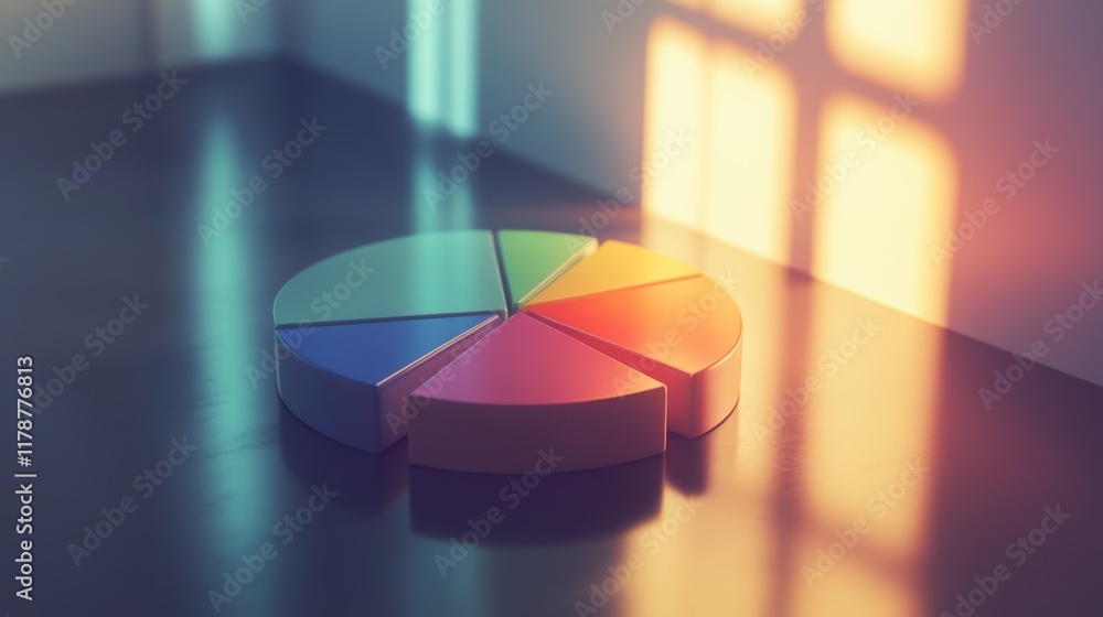 Poster a minimalist d pie chart with segmented pieces floating above a reflective surface, bathed in soft, 