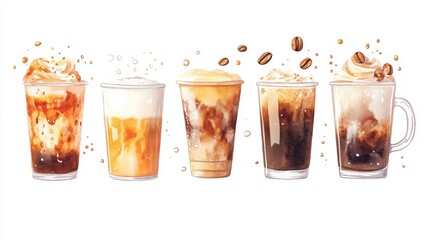 Artistic set of coffee beans and coffee cup drinks isolated on white background,hand-drawn vector,hot coffee drinks,cafe shop,modern flat design,Fashionable and cute coffee motif concept.