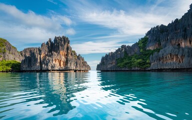 El Nido, Palawan Seascape Calm turquoise water between dramatic limestone karst islands under a blue sky.