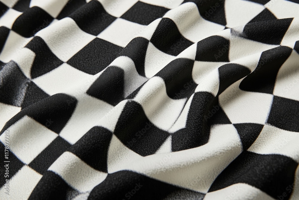 Poster close-up of checkerboard pattern fabric in bold black and white with edges and generous copy space