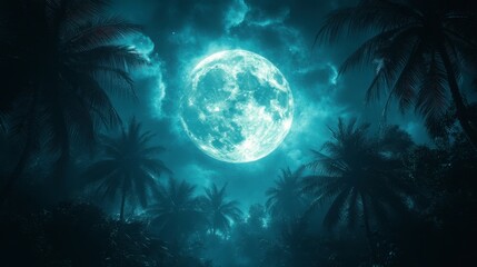 Full moon shining over tropical palm trees at night.
