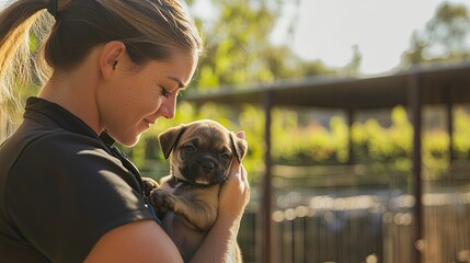 close-up of female animal rescuer holding small puppy in sunlit outdoor shelter