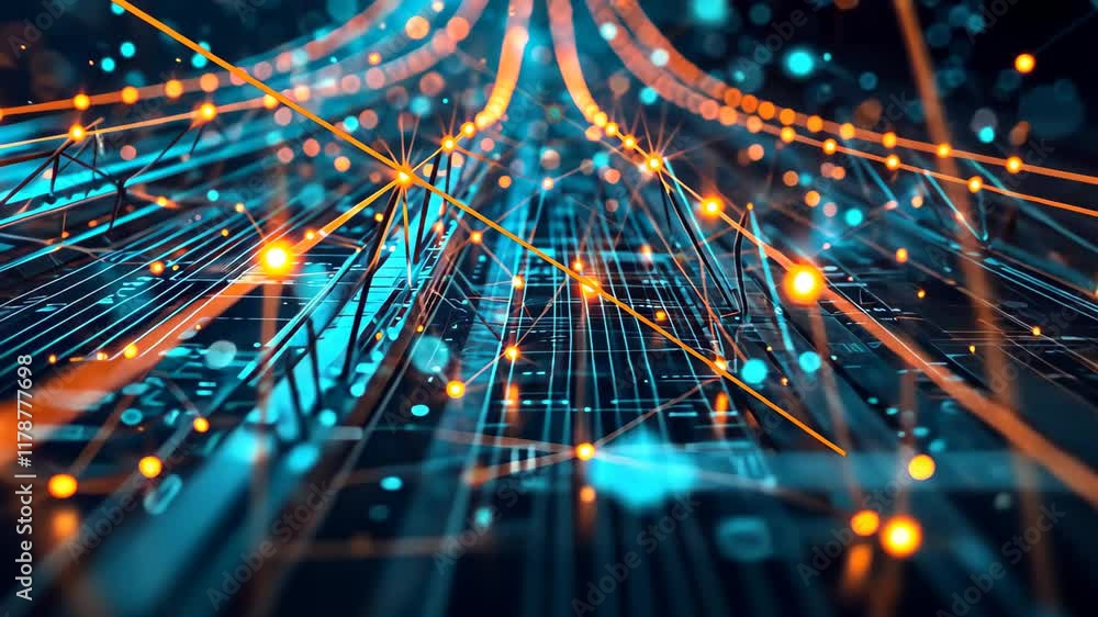 Poster A vibrant abstract background featuring intersecting blue and orange lines with scattered dots, Stylized video of a network bridge in operation