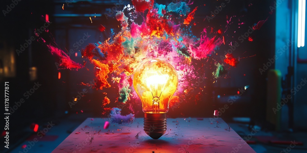 Poster a glowing light bulb surrounded by a dynamic explosion of colorful particles in a dark, atmospheric 