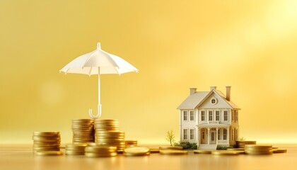 A house model protected by an umbrella on coins, emphasizing the significance of insurance for ensuring financial stability