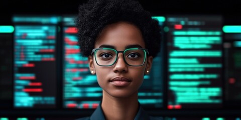 Tech professional analyzing data modern office portrait image digital environment front view cybersecurity concept