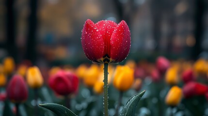 Single red tulip covered in raindrops, standing out amongst blurred yellow and red tulips.