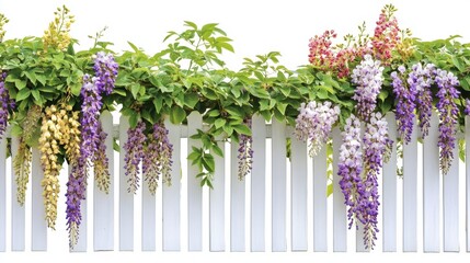 Obraz premium A charming white picket fence adorned with colorful wisteria vines cascading over the top, displayed on a solid white background. 