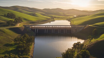 Obraz premium A panoramic view of a large water reservoir dam surrounded by lush green hills, with sunlight reflecting on the calm surface of the water