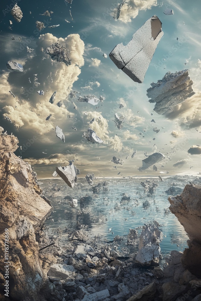 Aufkleber a surreal scene of floating ice chunks against a dramatic sky, creating a captivating and otherworld