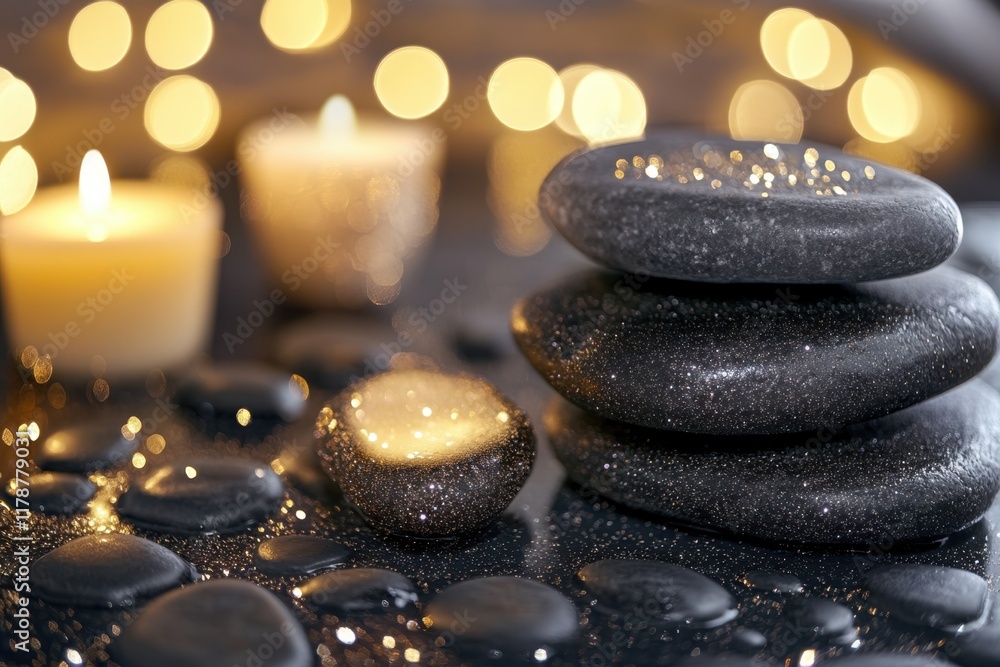 Poster relaxing spa setting with stacked stones and glowing candles in a tranquil environment