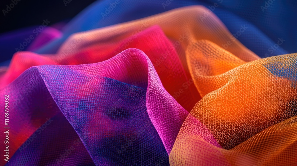 Poster creative composition of layered mesh fabric in neon shades arranged dynamically with bold patterns a