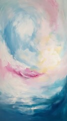 Fototapeta premium Abstract painting featuring a pastel sky and ocean with soft brush strokes in blue, pink, and yellow tones, creating a dreamy atmosphere.