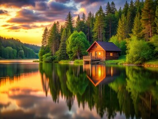 Fototapeta premium Find serenity at our tranquil lakeside cabin. Long exposure photography captures peaceful lake house beauty.