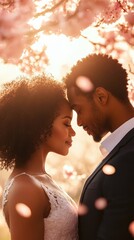 An African American couple stands closely together, gazing into each other's eyes under a canopy of cherry blossoms, celebrating their love on Valentine's Day at sunset