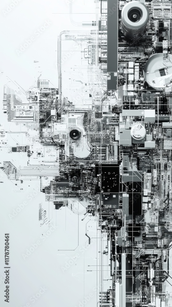 Poster A Monochromatic Vision of Futuristic Networks and Digital Innovation. Exploring the Complex Interplay of Lines, Shapes, and Structures in a High-Tech, Engineered Aesthetic.