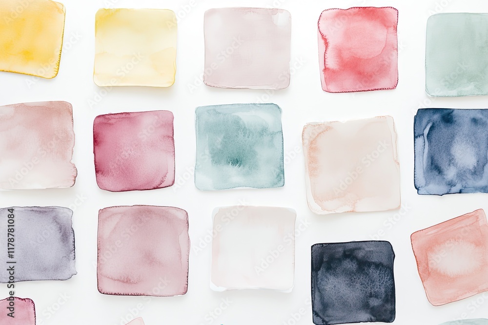 Poster flat lay of watercolor-like ink spreads in various soft colors arranged abstractly on clean white ca